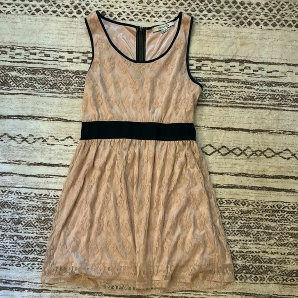 Forever 21 champagne, dress with lace and black belt, size Small